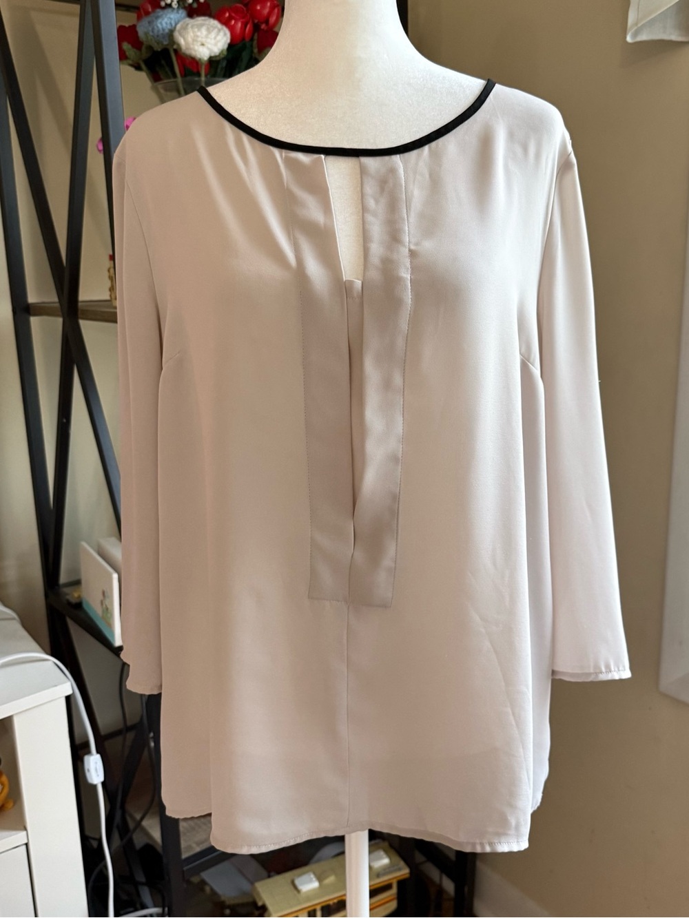 Express Cream Split-Neck Blouse with Black Trim